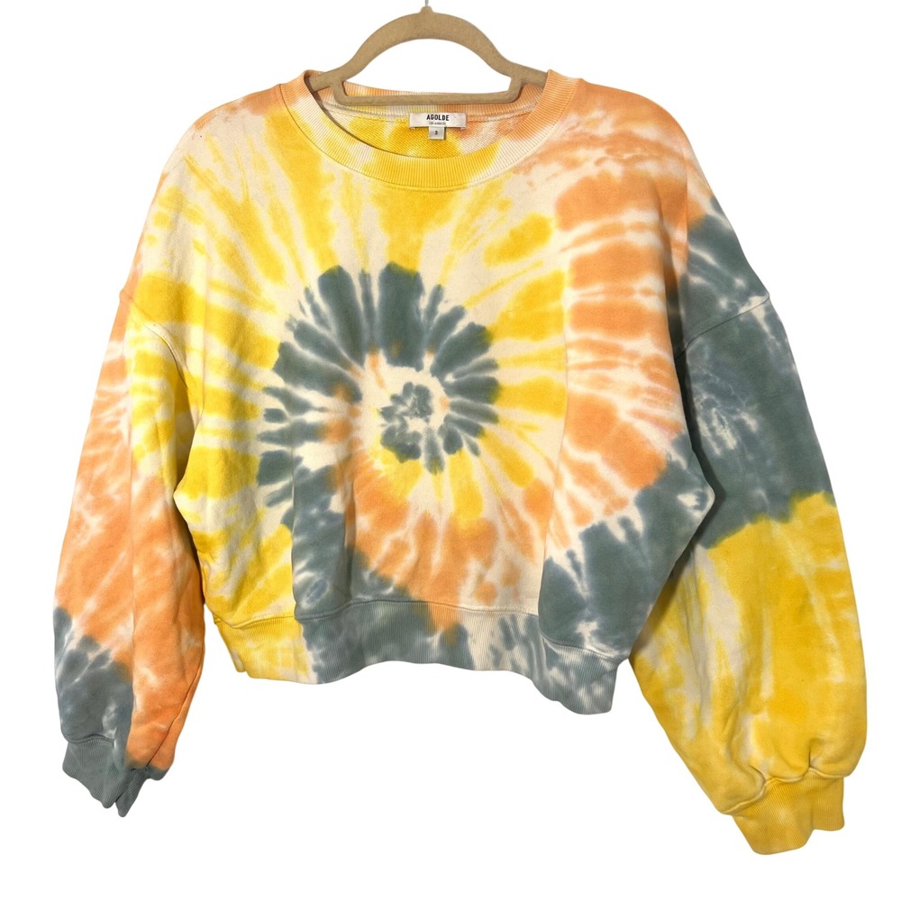 Agolde Sweatshirt Womens S Cotton Balloon Sleeve Tie Dye Cropped Pullover Casual
